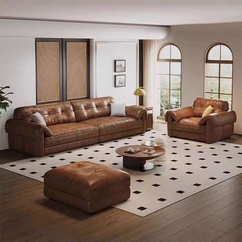 French Retro-Style Genuine Leather Sofa, Top-Layer Cowhide, Italian Minimalist Pine Straight-Row Small Apartment Elephant Ear Sofa