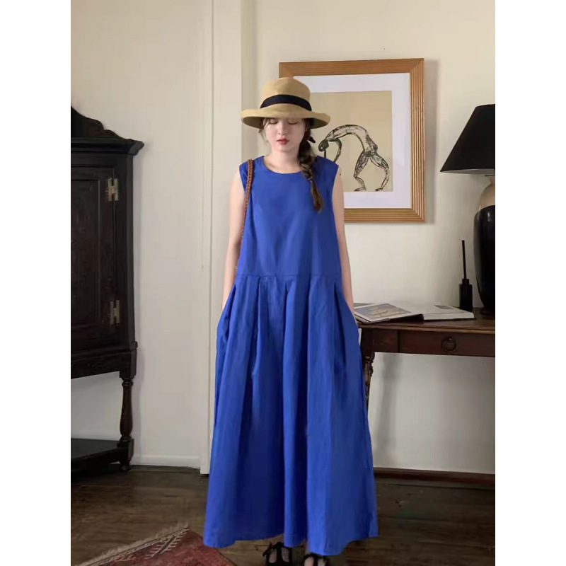 Royal Blue Super Flattering Sleeveless Dress for Women, New Summer Style, Mid-Length, Large Hem, Cotton-Linen Pleated Tank Dress for Women Royal Blue Super Flattering Sleeveless Dress for Women, New Summer Style, Mid-Length, Large Hem, Cotton-Linen Pleated Tank Dress for Women