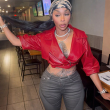 欧美跨境秋冬新款女装时尚翻领七分袖皮扣收腰修身短款皮夹克外套