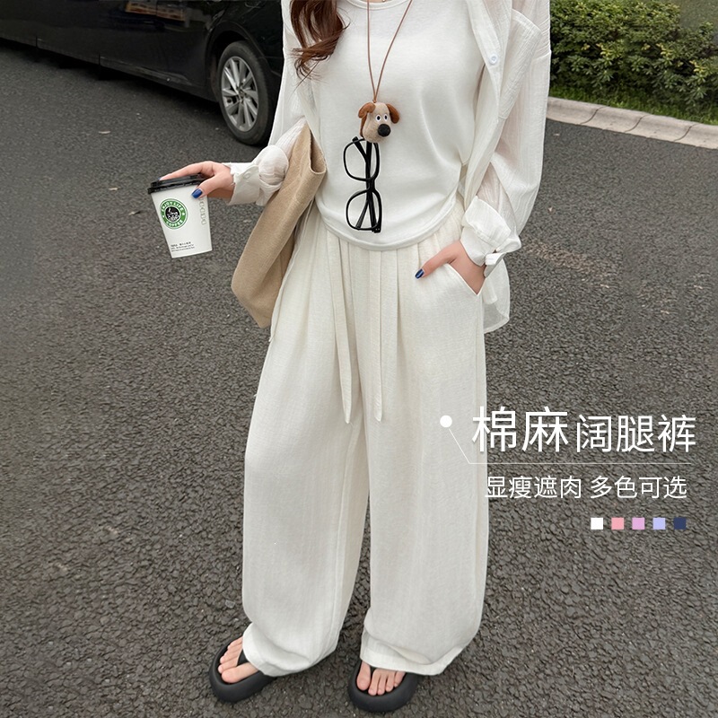 Japanese-Style Cotton and Linen Curved Pants for Women, 2026 Summer Thin High-Waisted Slimming Ice Silk Petite Lazy Style Wide-Leg Pants
