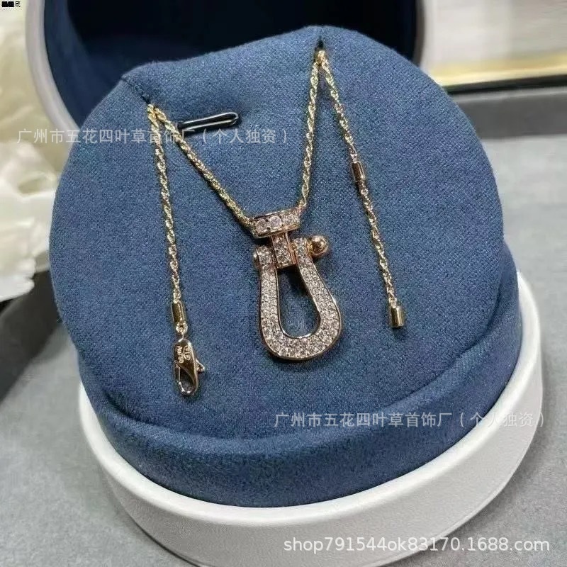 费家高版本925银CNC镶钻马蹄扣项链高端时尚横竖款迷你满天星项饰|undefined