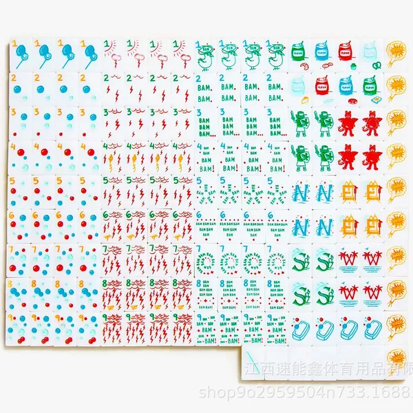 Cross-Border Exclusive Supply of American-Style Hand-Painted Graffiti-Style Mahjong Tiles with White Background and Color-Printed Bubbles and Lightning for Hand-Shuffled Entertainment