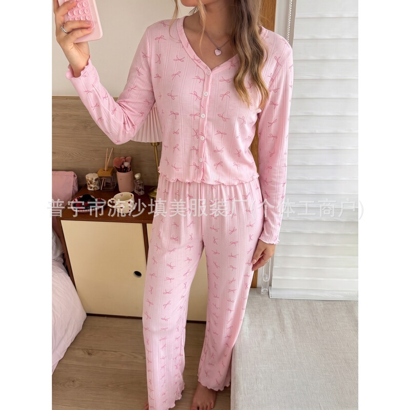2026 Spring/Summer European and American Cross-Border Home Wear Knitted Bow Print Long Sleeve Long Pants Cardigan Pajama Two-Piece Set for Women 2026 Spring/Summer European and American Cross-Border Home Wear Knitted Bow Print Long Sleeve Long Pants Cardigan Pajama Two-Piece Set for Women