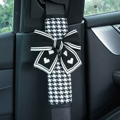 Houndstooth Black and White Bow Safety Belt Shoulder Pads (Seat belt shoulder pad) - black-white