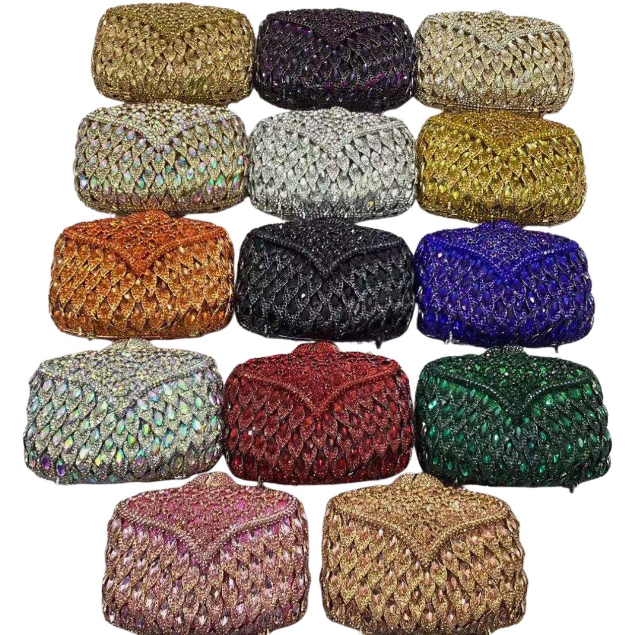 Túi clutch dạ hội nữ đính đá rhinestone kim loại rỗng cầm tay dự tiệc 17x12x5 cm — Nền vàng kim cương trắng, Màu bạc, Màu sâm panh, Màu xám