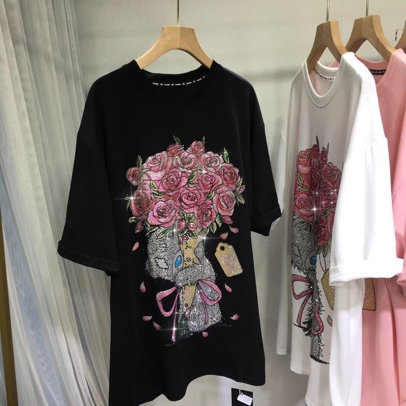 chubby girl 1.00 kg-150.00 kg extra large size European heavy industry hot drill T-shirt women's summer all-match slim round neck mid-length top chubby girl 1.00 kg-150.00 kg extra large size European heavy industry hot drill T-shirt women's summer all-match slim round neck mid-length top