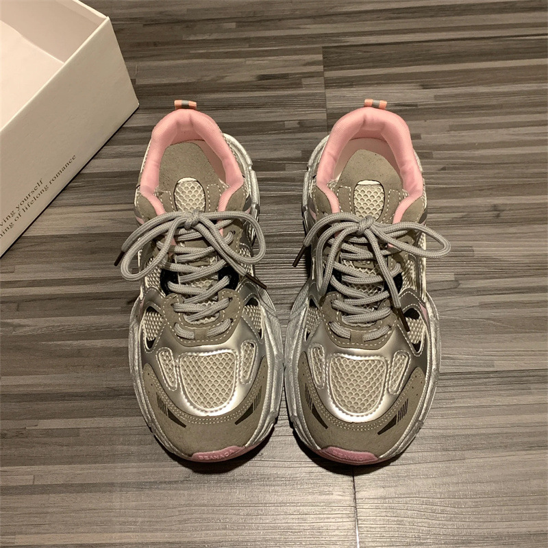Women's Silver Breathable Mesh Dad Shoes Lightweight Skate Sneakers_voghion.com