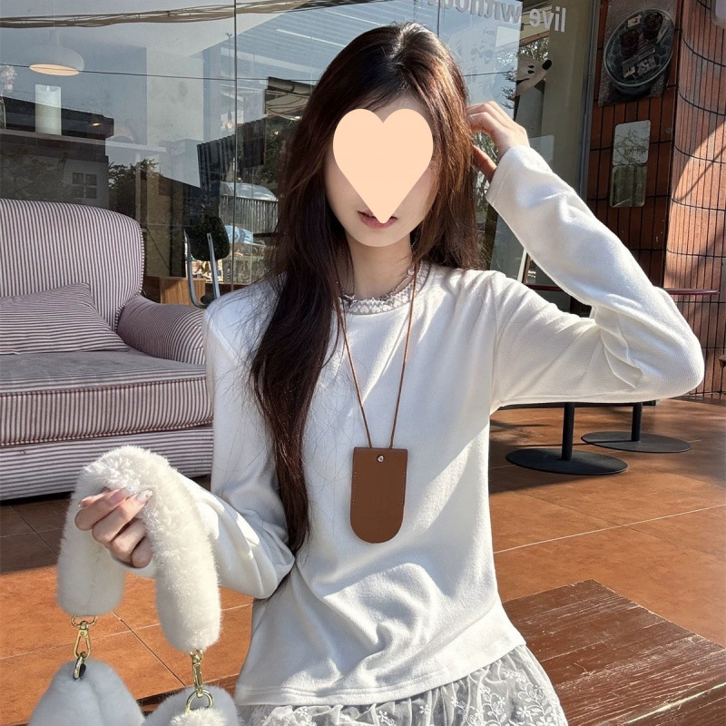 法式纯欲蕾丝拼接圆领德绒打底衫女秋冬新款内搭长袖恤时尚上衣|undefined