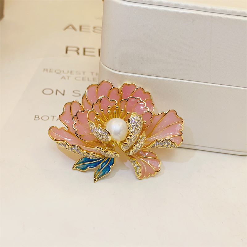 Classical Enamel Peony Flower Brooch Natural Freshwater Pearl Exquisite High-grade Chinese Style Cheongsam Hanfu Accessories Pin