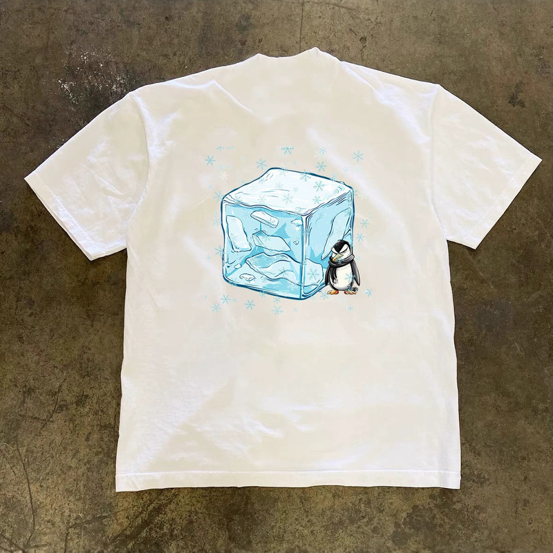 Jusha New Fun Ice Cube Penguin Print Pure Cotton Round Neck Short-Sleeved Men's T-Shirt Summer Loose Top Trendy T-Shirt