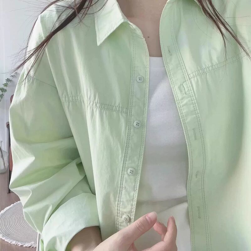 纯棉蓝色衬衫女春秋新款小清新宽松休闲百搭显瘦通勤衬衣外套上衣|undefined