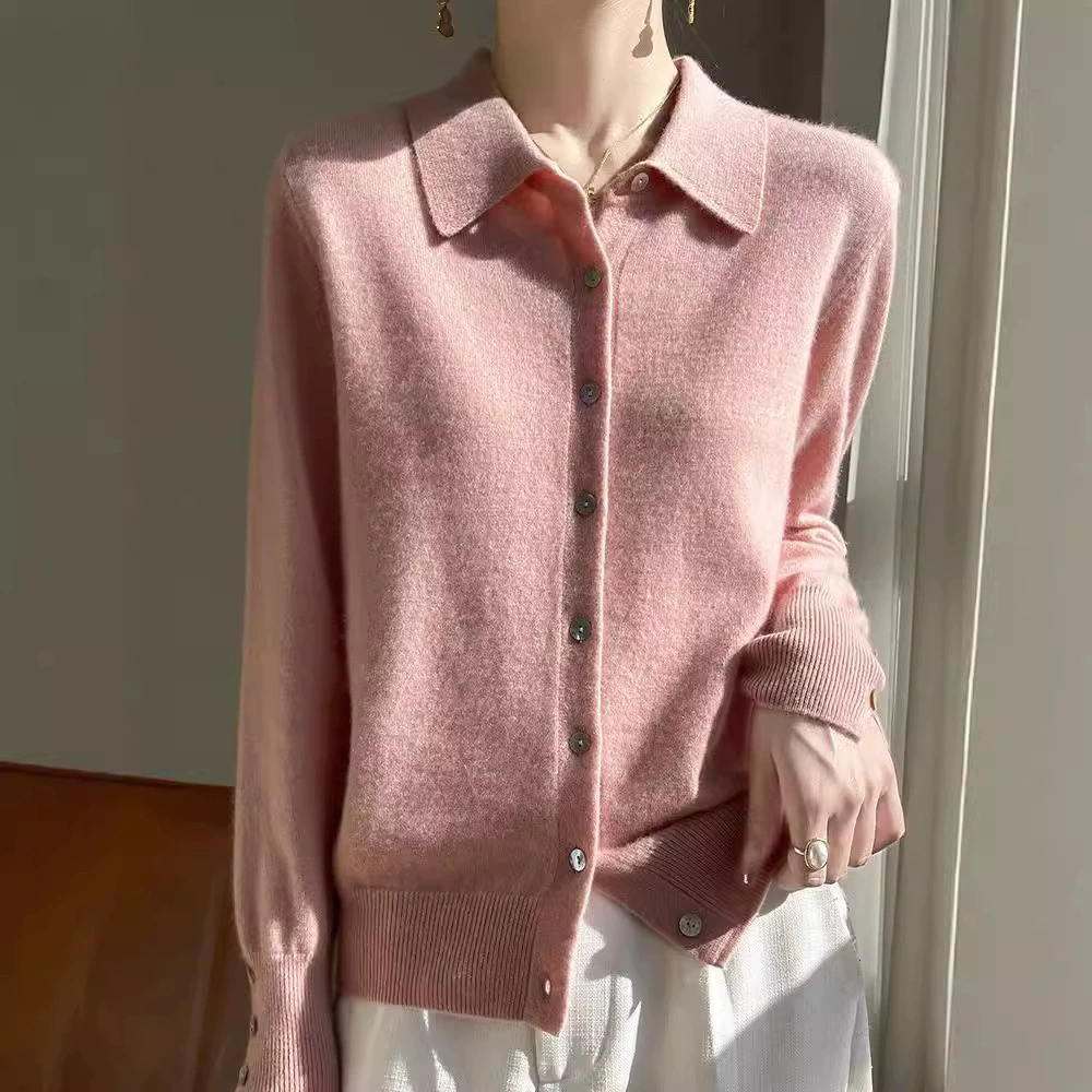 100 чистый шерстяной кардиган с вырезом POLO женский осень-зима новый премиум-стиль свитер свободные длинные рукава лацкая рубашка