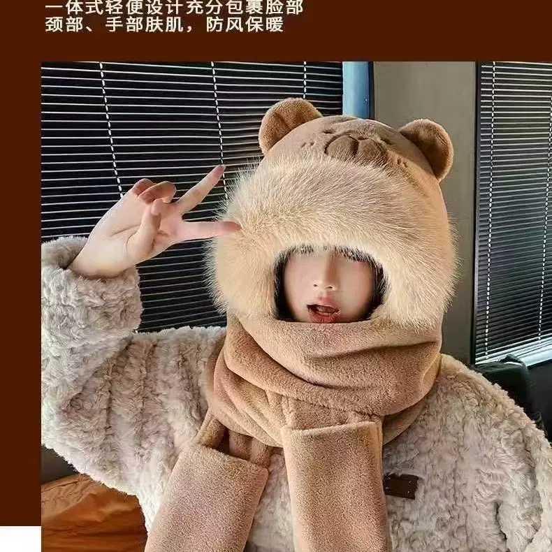 可爱卡皮巴拉帽子围巾一体三件套女秋冬毛绒护耳帽水豚保暖防风帽