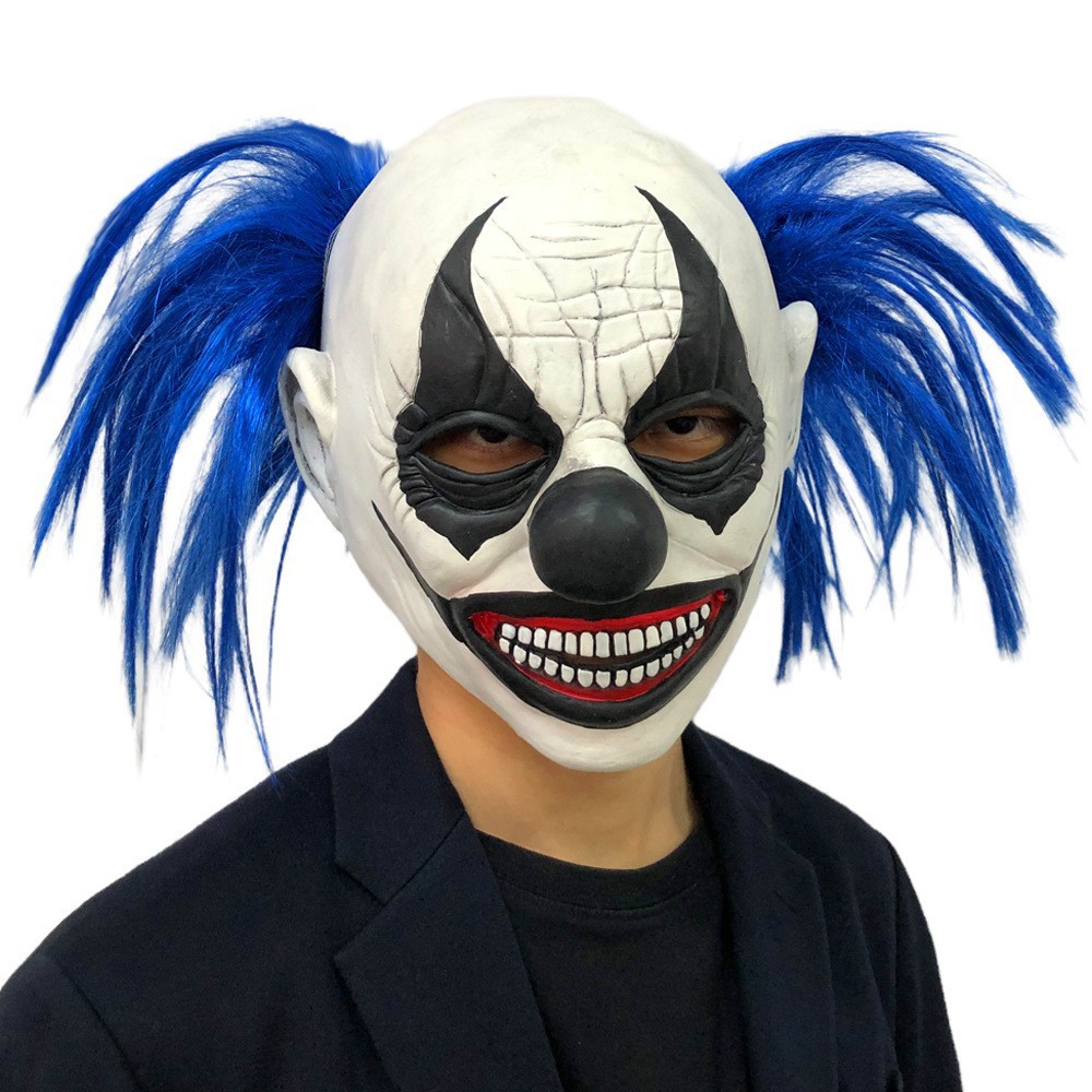Máscara de payaso de terror transfronterizo cabello azul látex accesorios de decoración Halloween