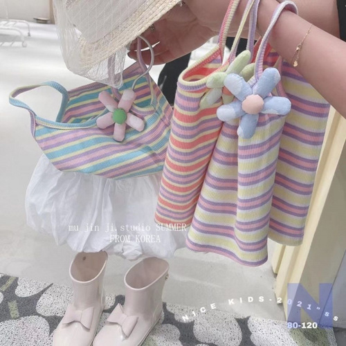 Summer 2025 Cute Baby Girl Fashion Glitter and Grace Style Rainbow 3D Small Flower Tank Top and Floral Pants Set