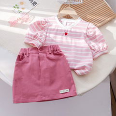 Children's clothing girls summer suits children's summer suits new two-piece set striped short-sleeved T-shirt fashionable and versatile short skirt trendy