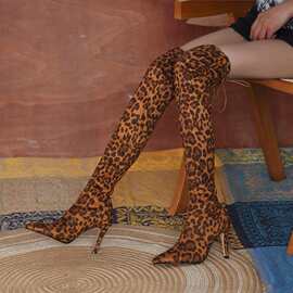 外贸女靴过膝靴2022秋冬新款欧美大码豹纹尖头性感高跟过膝弹力靴