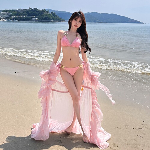 Bikini set for women, influencer style, split bandeau top, three-piece set, sexy, pure desire, hot girl, shaping, beach vacation.