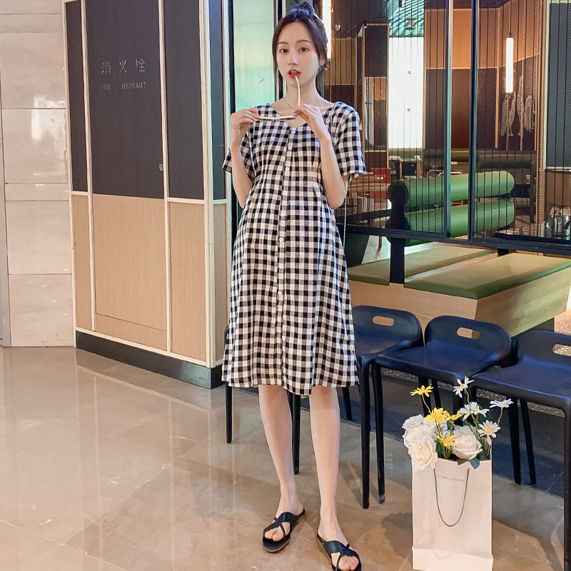 Maternity Wear New Dress Plaid V Neck Korean Style Summer Mid-Length Short-Sleeved Loose Slimming Look Work Clothing Dress