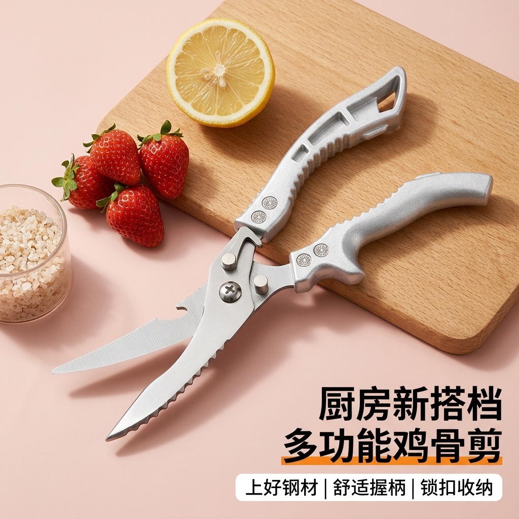 Stainless steel chicken bone scissors, multifunctional household kitchen scissors for cutting meat, fish, chicken, duck, and goose, powerful food scissors