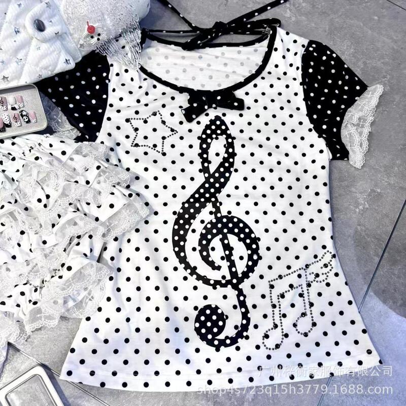 Cross-Border Japanese Subculture Cute Polka Dot Music Notation Print Summer Short-Sleeve Retro Y2K Top Slimming Design Cross-Border Japanese Subculture Cute Polka Dot Music Notation Print Summer Short-Sleeve Retro Y2K Top Slimming Design