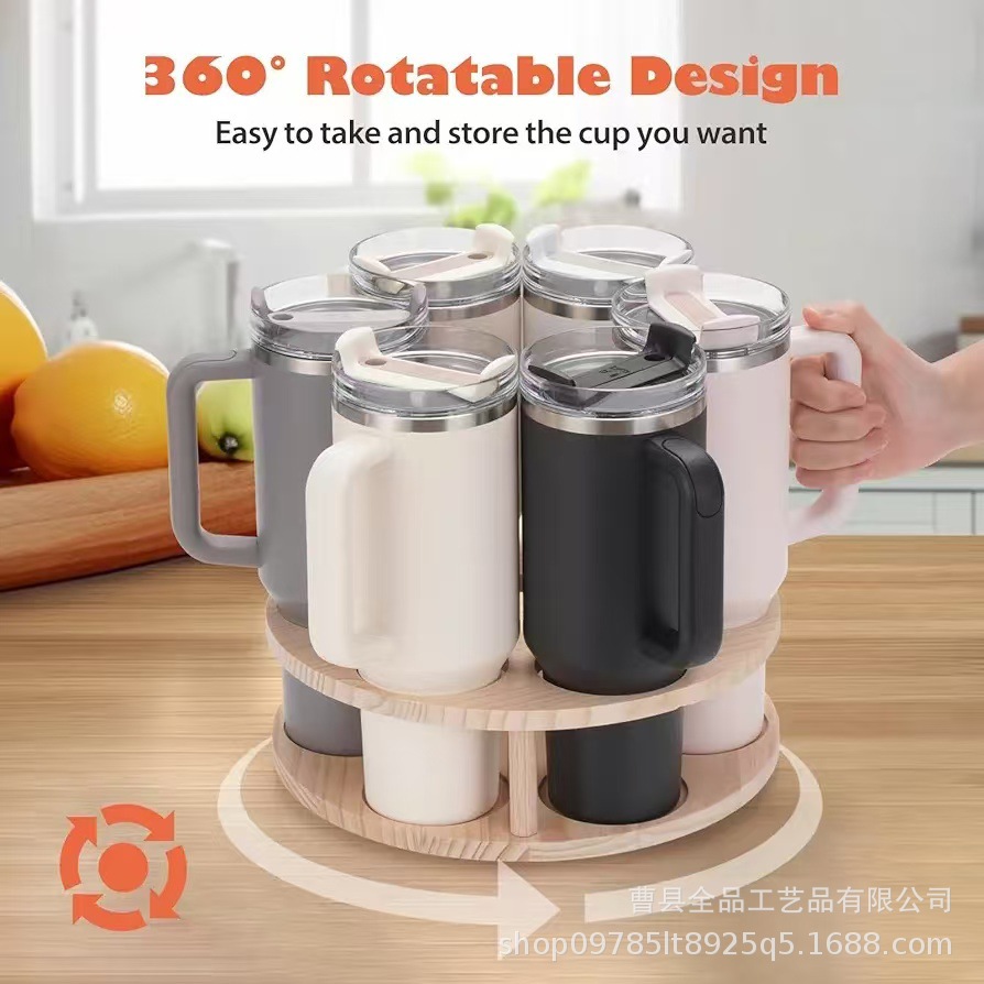 Estante de botella de agua de madera, encimera, soporte de almacenamiento de taza de agua giratoria, soporte de exhibición de base de taza de agua de rejilla múltiple, acabado de madera maciza