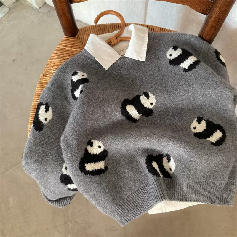 儿童毛衣2025眯眯眼秋季新品男女童熊猫提花毛衣宝宝针织毛线衣潮