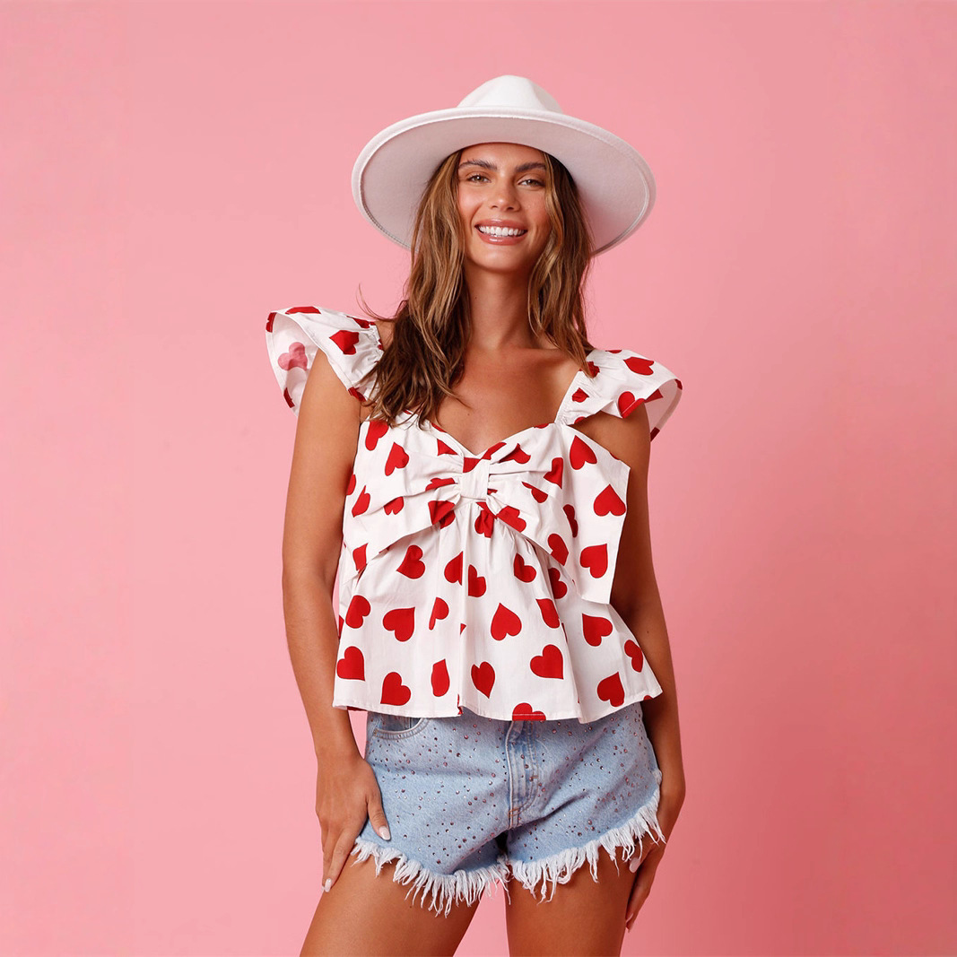 2024 Spring and Summer Cross-Border Women's Clothing Amazon Foreign Trade Casual Tops V Neck Bow Love Printed Sleeveless Vest