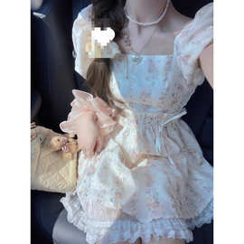 K4H雪纺欧根纱温柔气质女夏季春秋长裙刺绣花朵汉服蝴蝶结碎花连