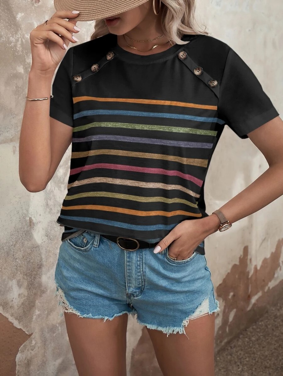 Blusa Casual de Verano para Mujer, Estilo Europeo y Americano, con Estampado de Rayas y Botones, Manga Corta, Nueva Colección 2026