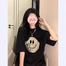 明星同款笑脸黑色短袖t恤女2025夏季宽松韩版潮oversize圆领上衣