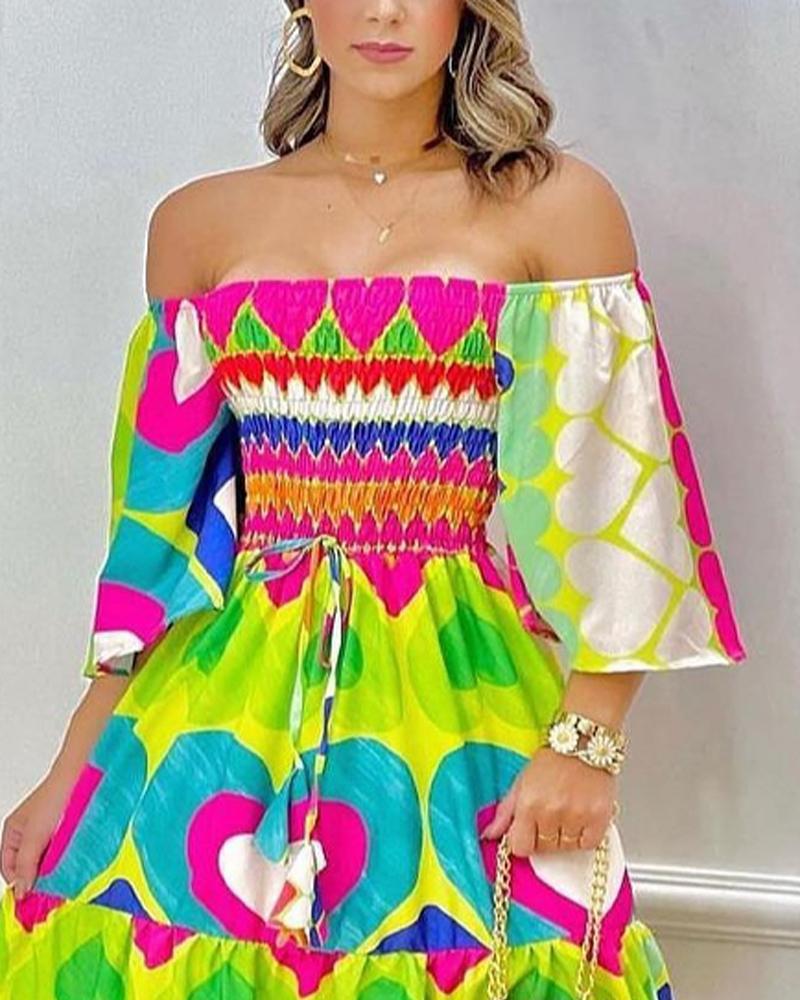 Women's Regular Dress Vacation Off Shoulder Printing 3/4 Length Sleeve Heart Shape Knee-Length Holiday Beach display picture 1