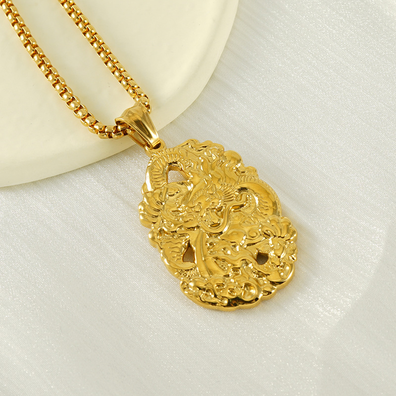 Acero inoxidable chapado en oro antiguo colgante de doble cara dragón año del dragón año de la vida hombre y mujer collar trenzado fábrica al por mayor