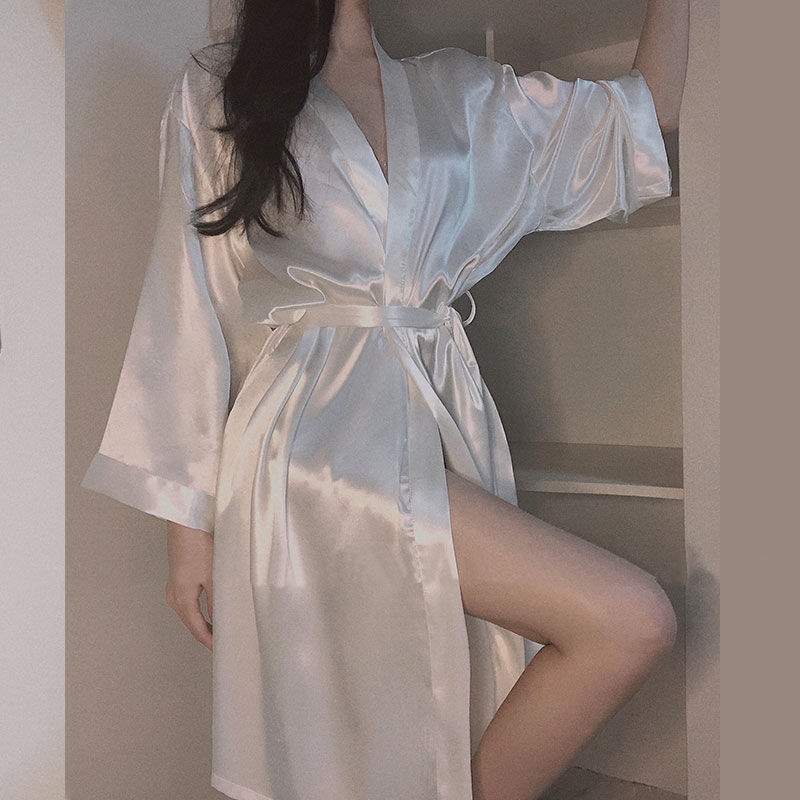 Korean Spring and Autumn Women's Ice Silk Pajamas, Summer Thin Japanese-Style White Sexy Young Women's Bathrobe, Loose Loungewear