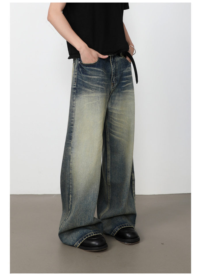 Quần jeans nam dáng rộng ống đứng phong cách retro Mỹ, giặt mài làm cũ — Màu xanh dương chi tiết 13