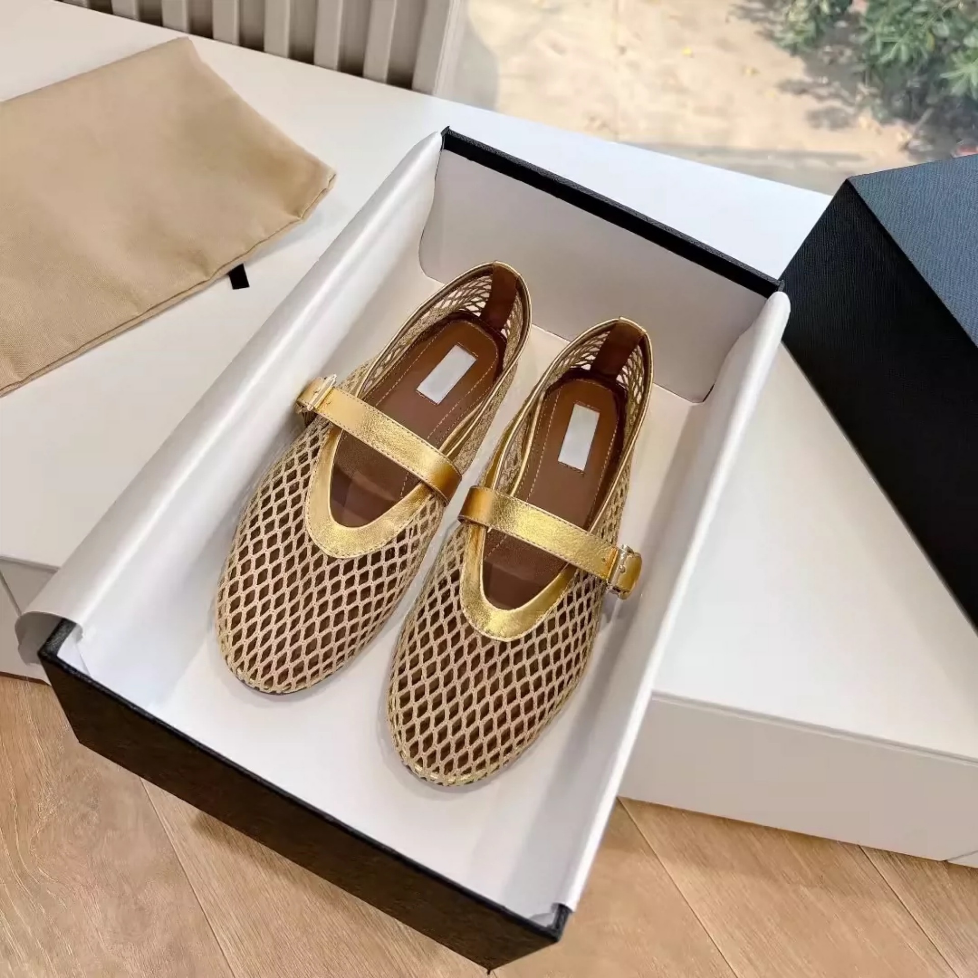 High Version Aiaf New Cut Out Full Rhinestone Fishnet Ballet Shoes Women's Flats Mesh Eye Buckle Mary Jane Shoes