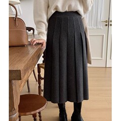 韩系穿搭厚实赫本风毛呢百褶裙高腰显瘦休闲半身裙女秋冬别致长裙