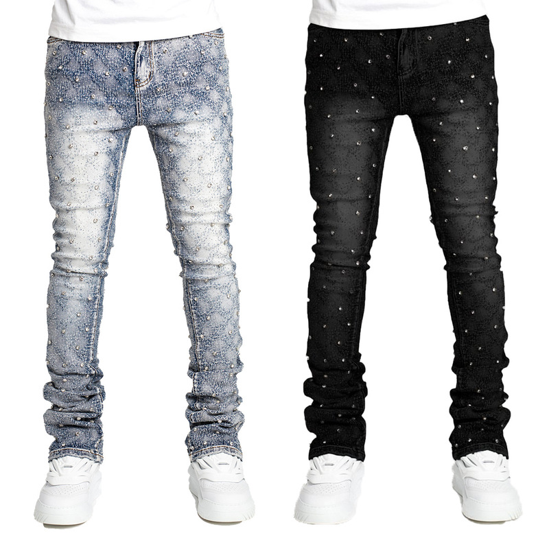 Men's Denim Fashion Personalized Straight Men's Pants European and American Fashion Ins Explosive Stretch Pearl Denim Laminated Men's Pants