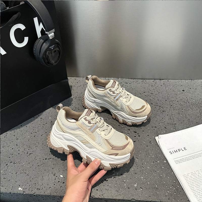 欧洲站厚底真皮网面镶钻增高老爹鞋女2025秋季新款休闲百搭运动鞋|undefined