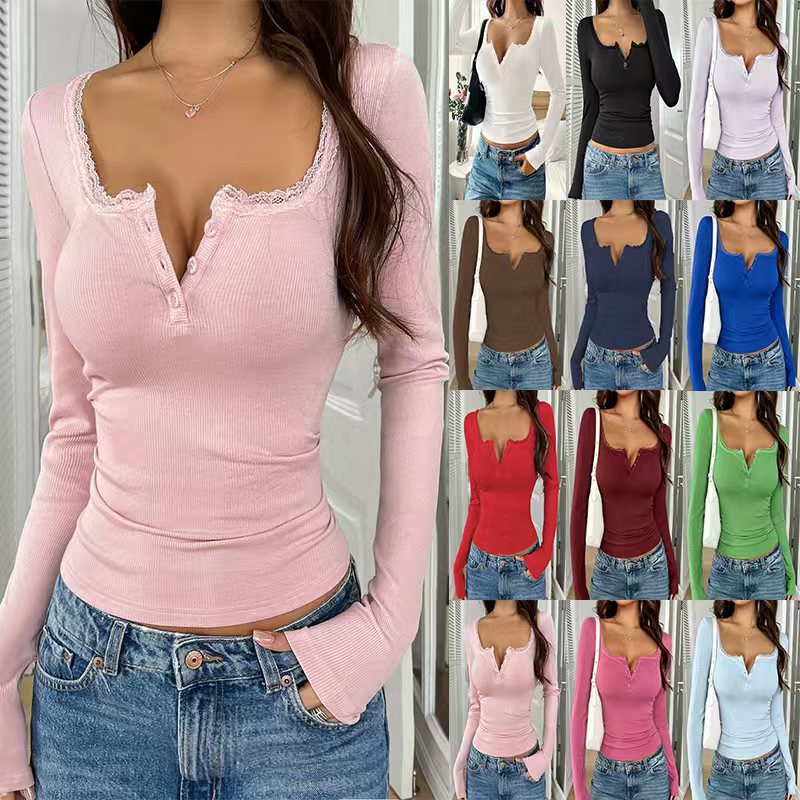 2025 European and American Cross-Border Amazon New Autumn and Winter Lace Button V-Neck Fashion Short-Sleeved Slim Long-Sleeved Top