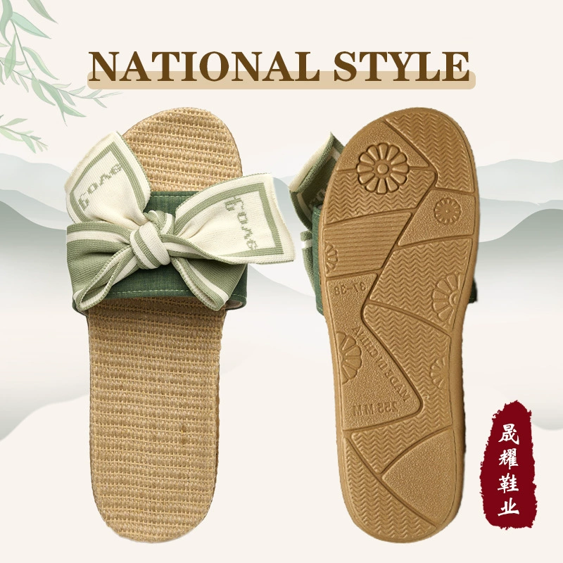 2023 летние новые льняные тапочки с бантом, женские домашние легкие немые домашние тапочки с мягким дном оптом