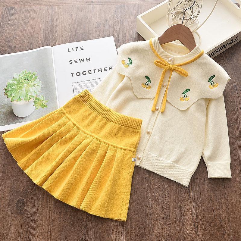 Girls Knitted Suit Skirt 2022 Spring And Autumn Baby Fashion Skirt Children's Clothing Cardigan Top Sweater Two-piece Set