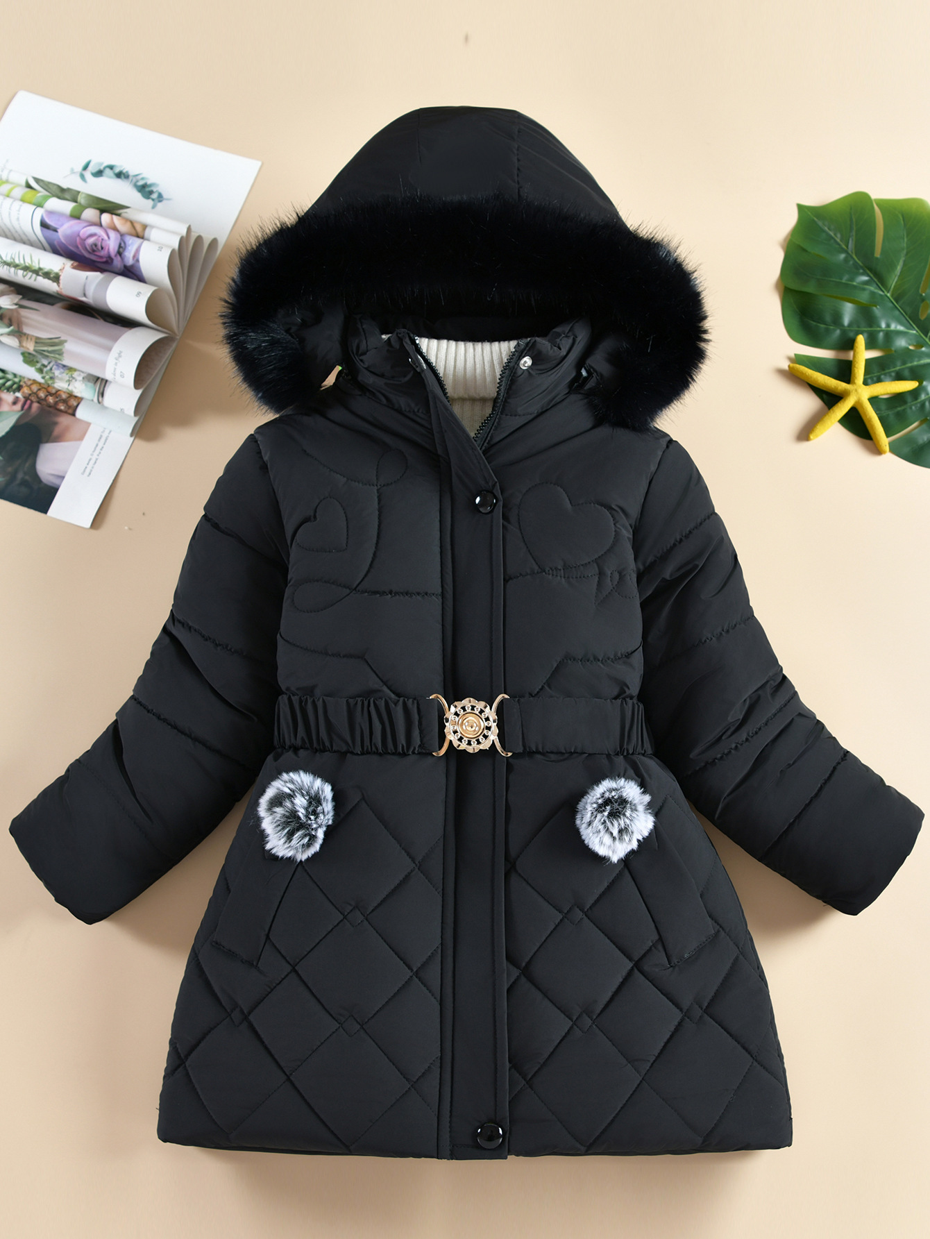 Winter Korean Style Girls' Mid Length Cotton Padded Jacket Western Style Heart Shaped Rhombus Pattern Cotton Padded Jacket With Fur Collar_voghion.com