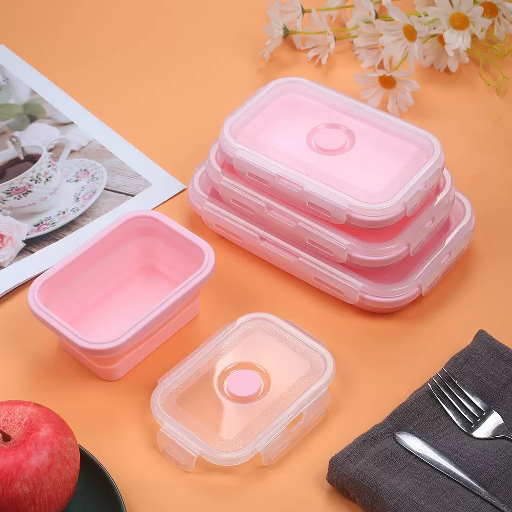 厨房可伸缩方形硅胶保鲜盒食品级可加热 便携折叠餐盒分隔保温
