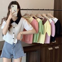 韩版针织开衫女薄款夏POLO领设计感正肩显瘦别致修身高腰短款上衣