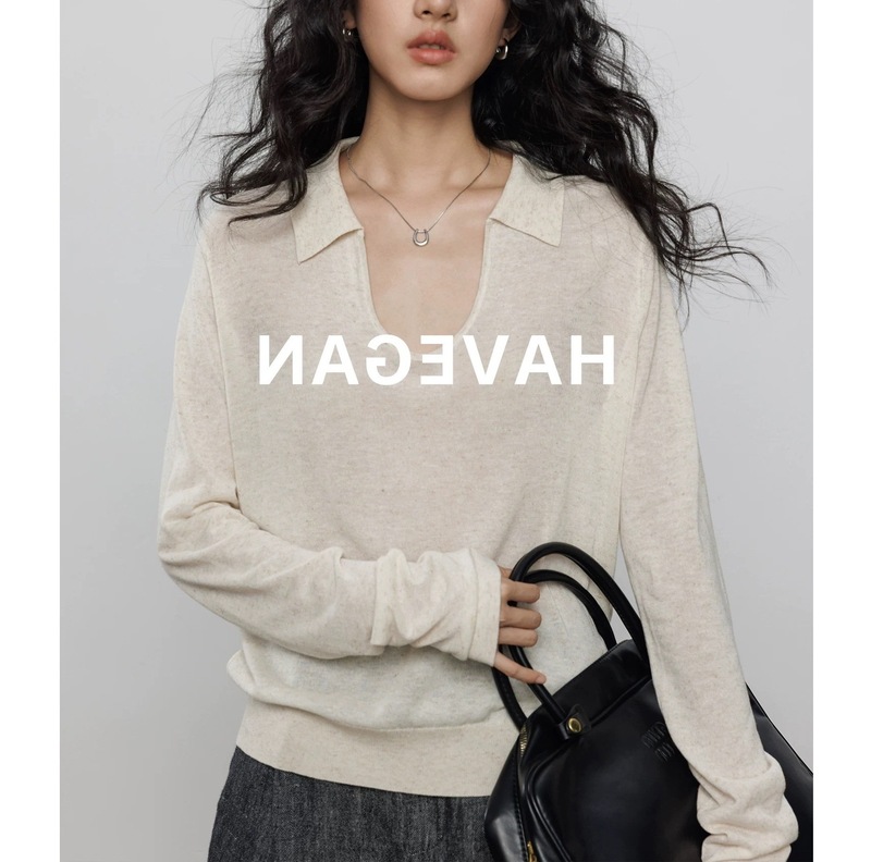 Early Autumn Tencel Linen Long Sleeve Sunscreen Knitted T-Shirt Women's Lapel Old Money Style Casual Top