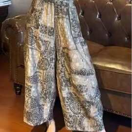 商场剪标折扣出口大码阔腿裤女复古印花慵懒风垂感气质百搭休闲裤