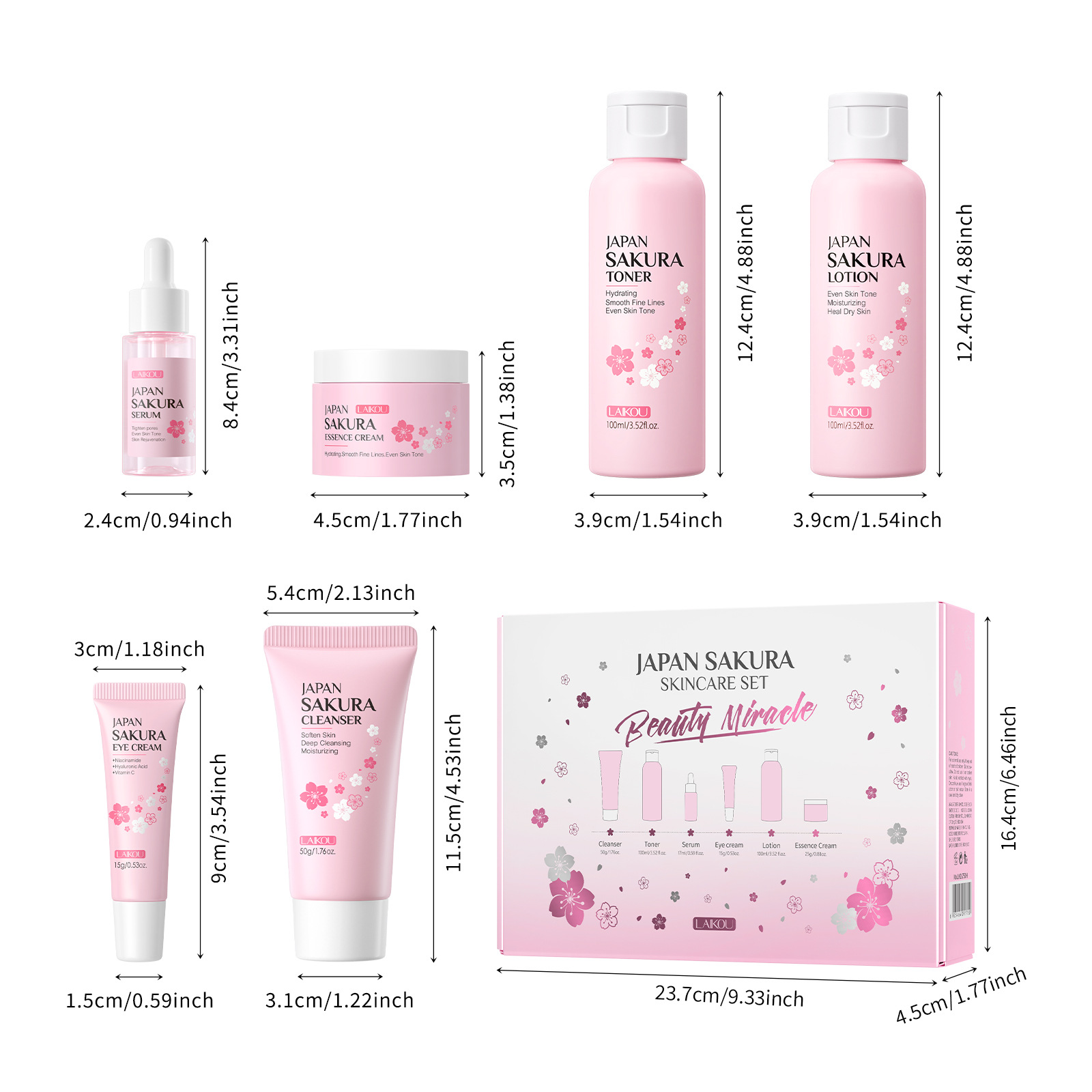 Cross-border LAIKOU Cherry Blossom Skincare Set of 6 pieces: Facial Cleanser, Lotion, Essence, Eye Cream, Essence, Cream and skincare products details Picture