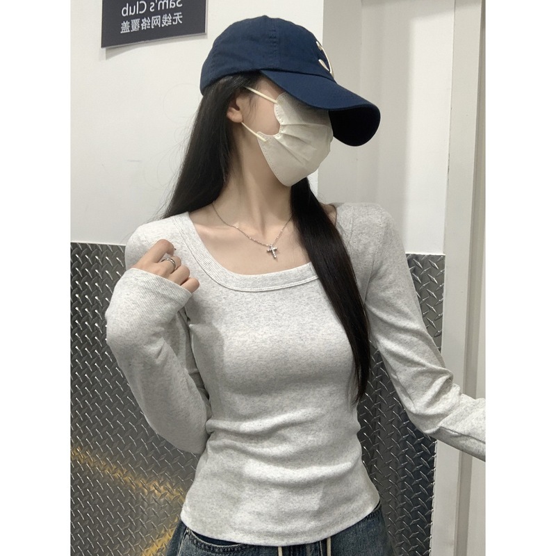 新款百搭显瘦纯色长袖T恤2025秋季韩版修身气质方领打底衫上衣女|undefined