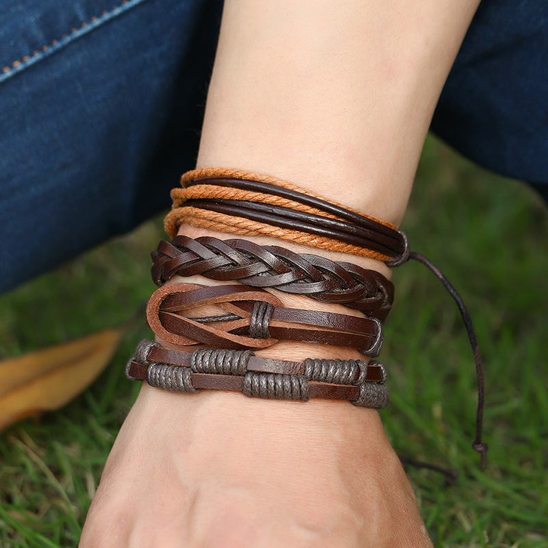 retro cowhide woven bracelet combination 12-piece set